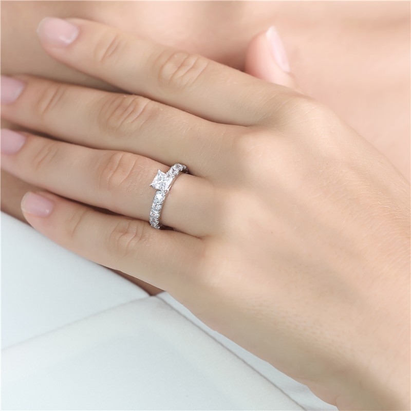 Ajuste de pino de design de joias finas 0.75ct Princess cut 14k anel de ouro branco para mulheres, joias de anel de ouro puro (2)