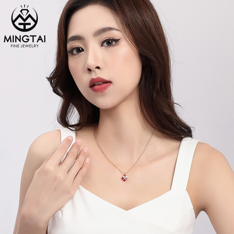 925 Silver Cute Lovely Adorable Red Gift Box Necklace with White Bow Ribbon (3)