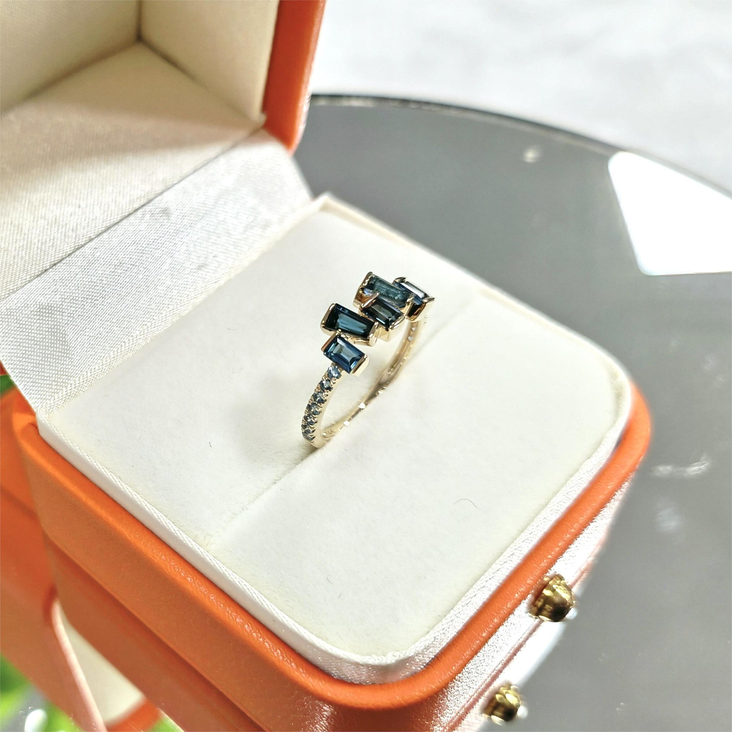 14k Yellow Gold Trapezoid Baguette Cut Ring Real Natural London Blue Topaz Stone Ring