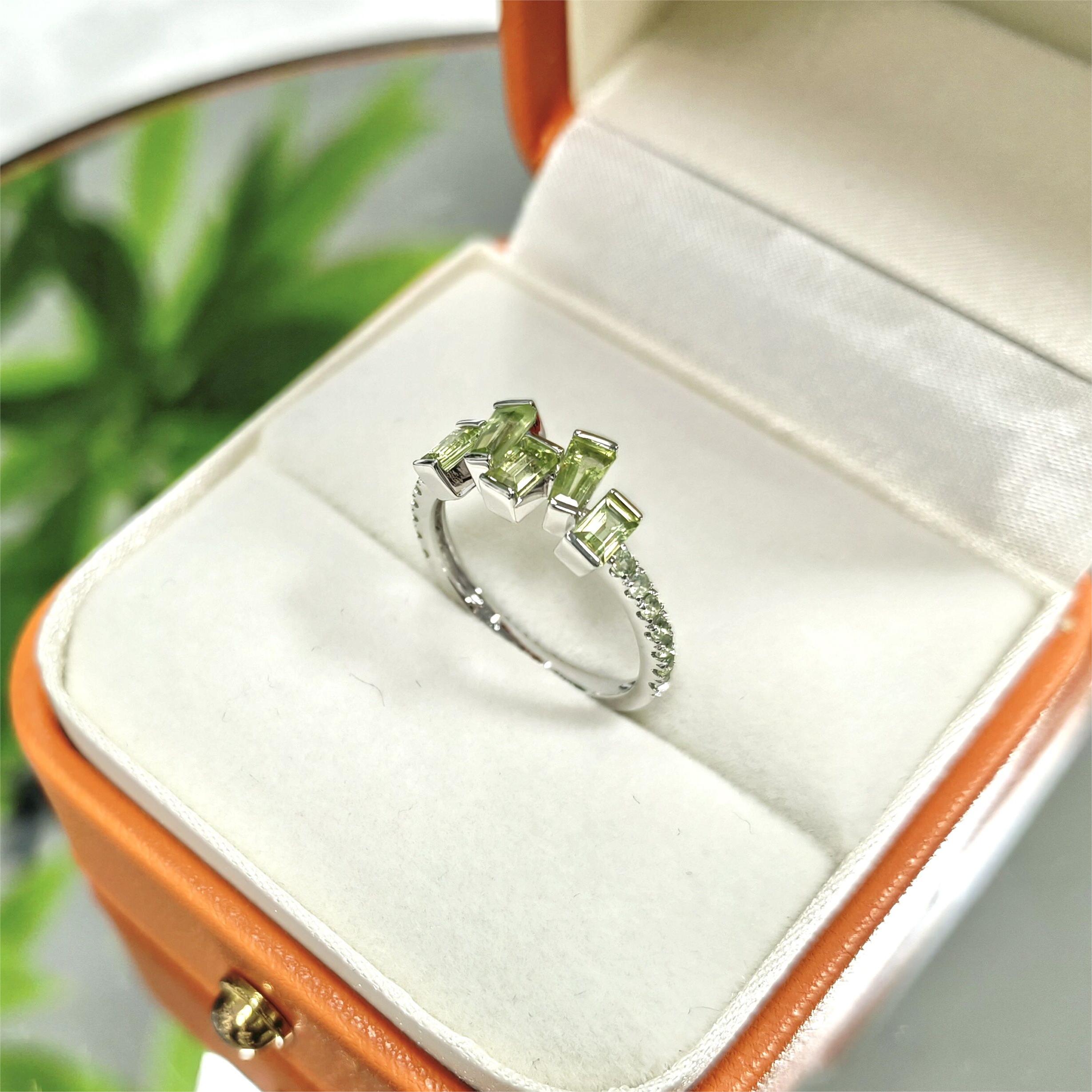 Baguette Cut White Solid Gold Ring Real Natural Peridot Green Stones Wedding Ring