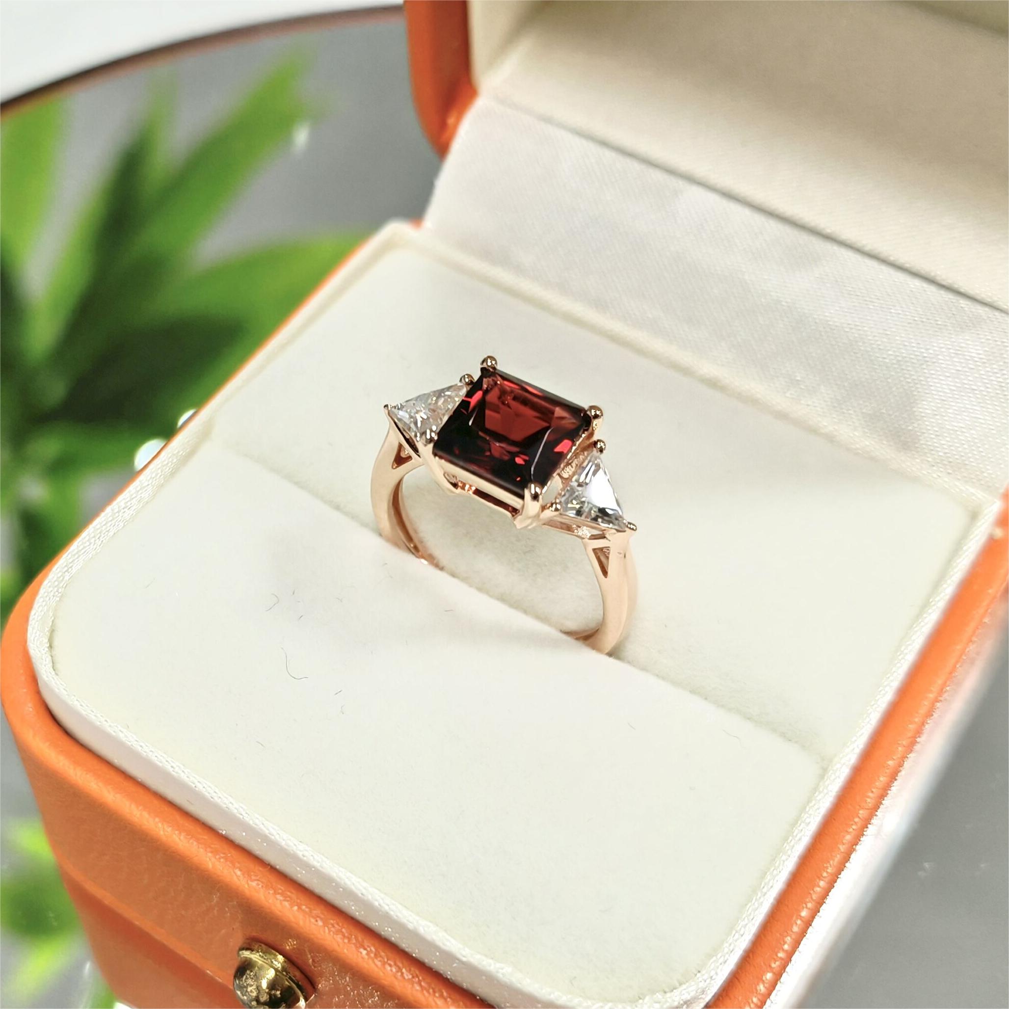 White Gold Triangle Cut Garnet Ring Three Stones Ring Natural Gemstone Wedding Ring for Women