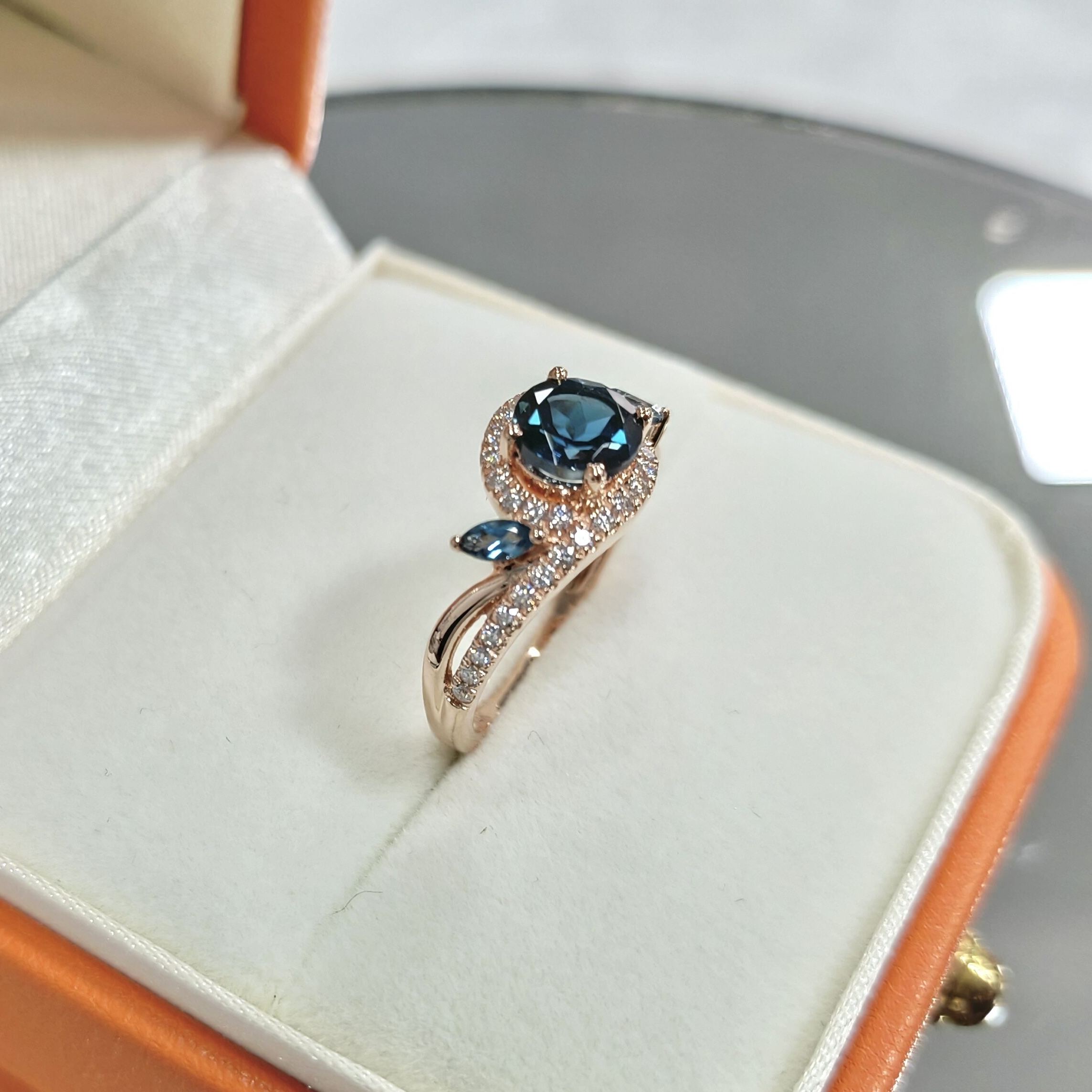 Blue Gemstone Ring 14k Rose Gold Real Natural Round Cut London Blue Topaz Wedding Ring