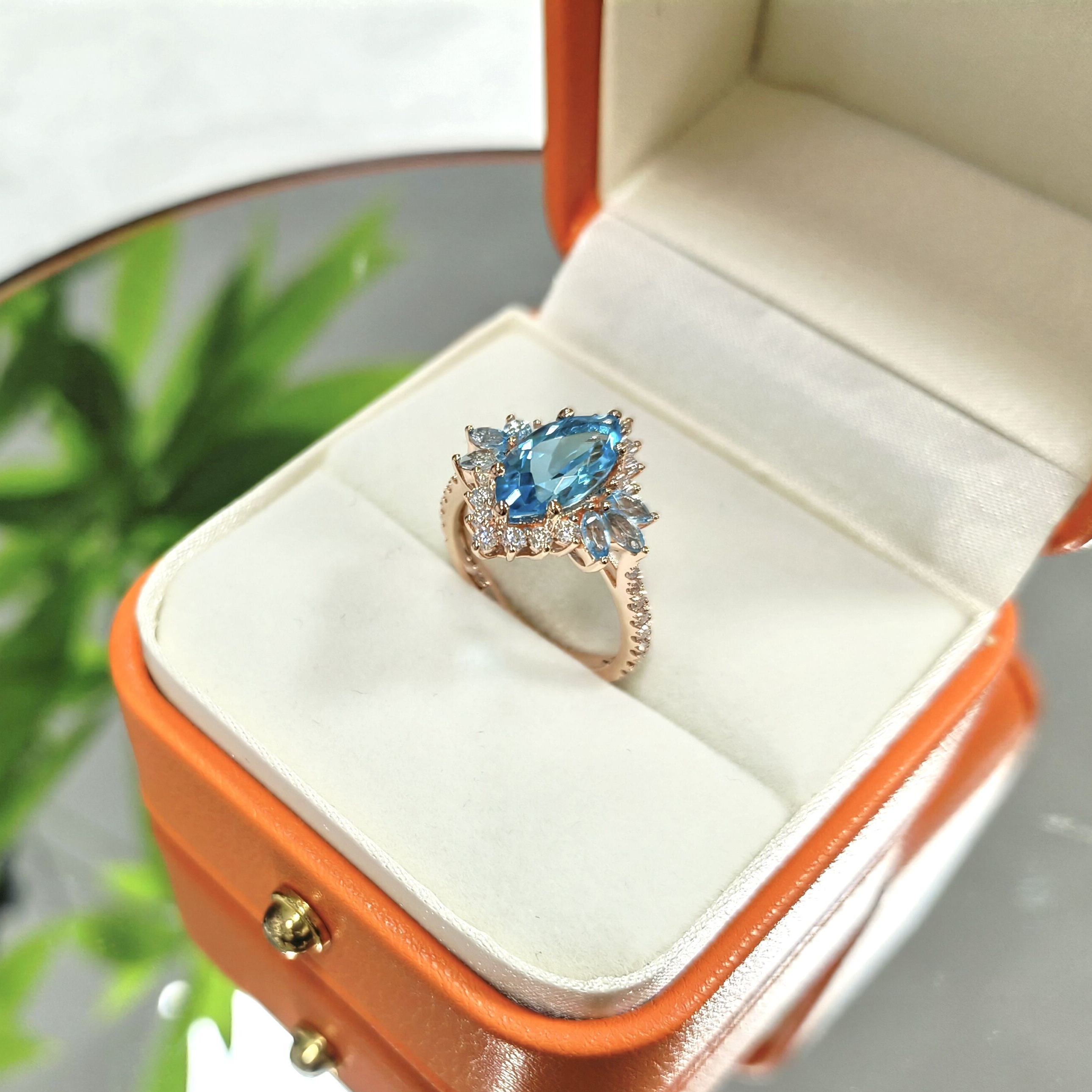 Blue Stone Ring Marquise Cut 2.5ct Swiss Blue Topaz Large Gemstone Solid Gold Ring for Women Girls