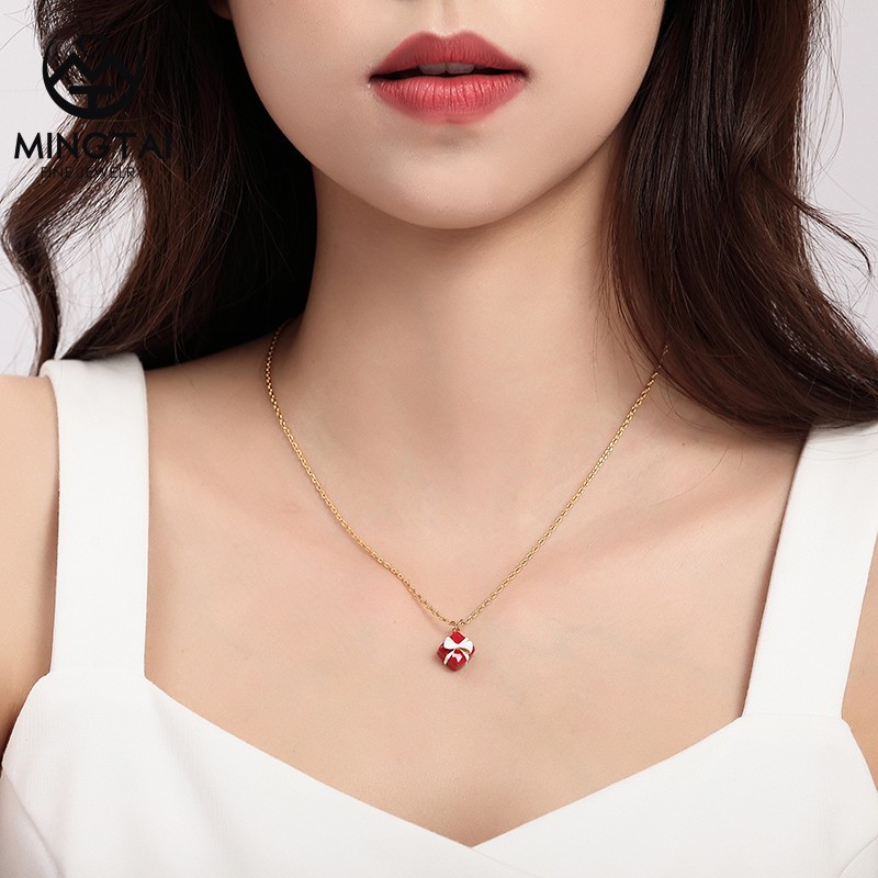 925 Silver Cute Lovely Adorable Red Gift Box Necklace with White Bow Ribbon (1)
